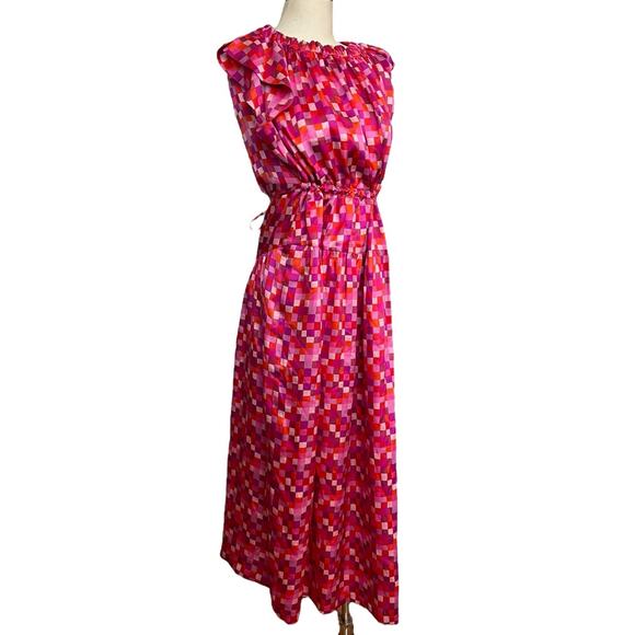 Dovima Paris Pink Checkered 100% Silk Ruffle Sleeve Tie Waist Maxi Dress L - Picture 1 of 7